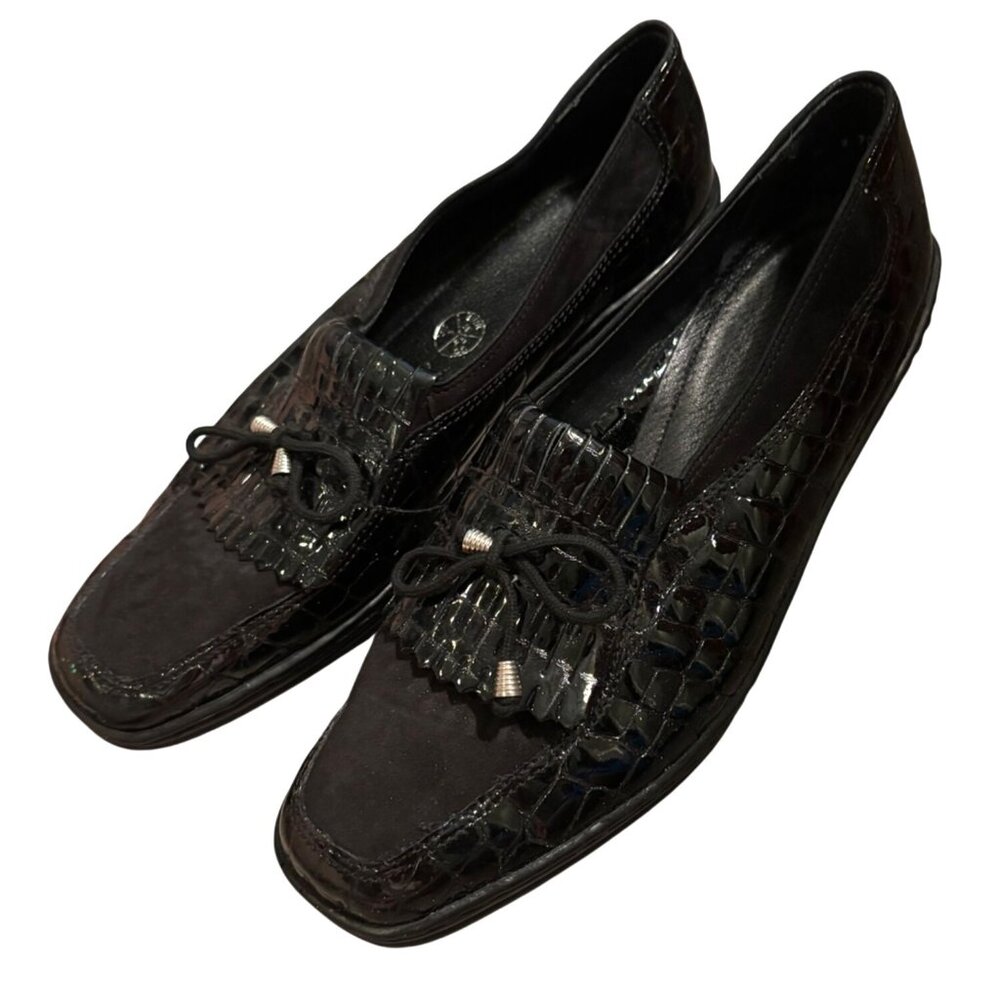 Ara Womens Black Crocodile Textured Leather Loafers With Bow Detail Size 8
